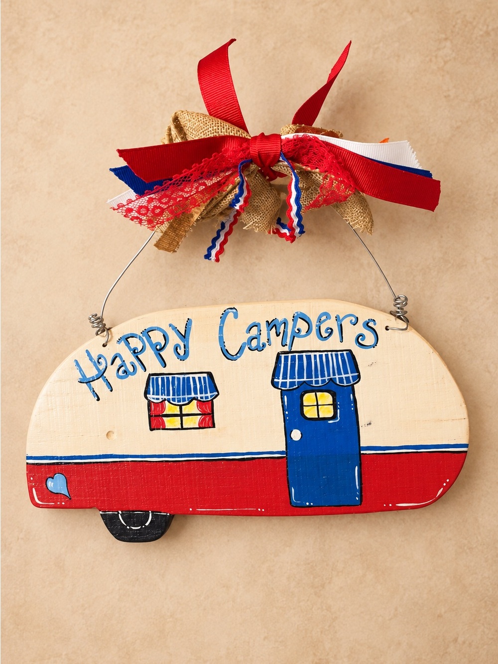 Happy Campers Wooden Camper Sign Rustic RV Camping Wall Decor Red White Blue